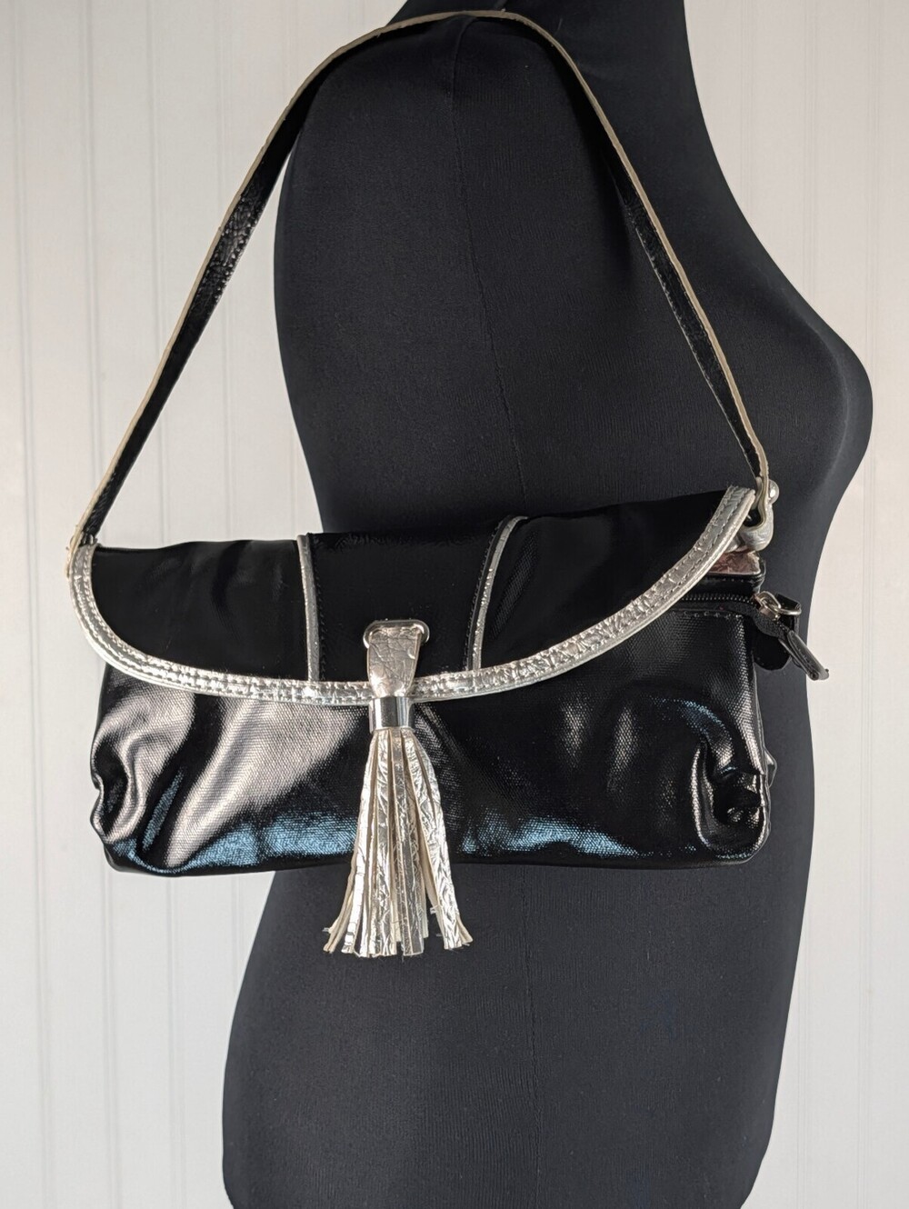 Kate Landry Black and Silver Shoulder Bag with Tassel Accent